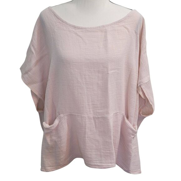 JM Collection 100% Cotton Made in Italy Short Sleeve Oversized Blouse Lt Pink XL - Picture 1 of 6